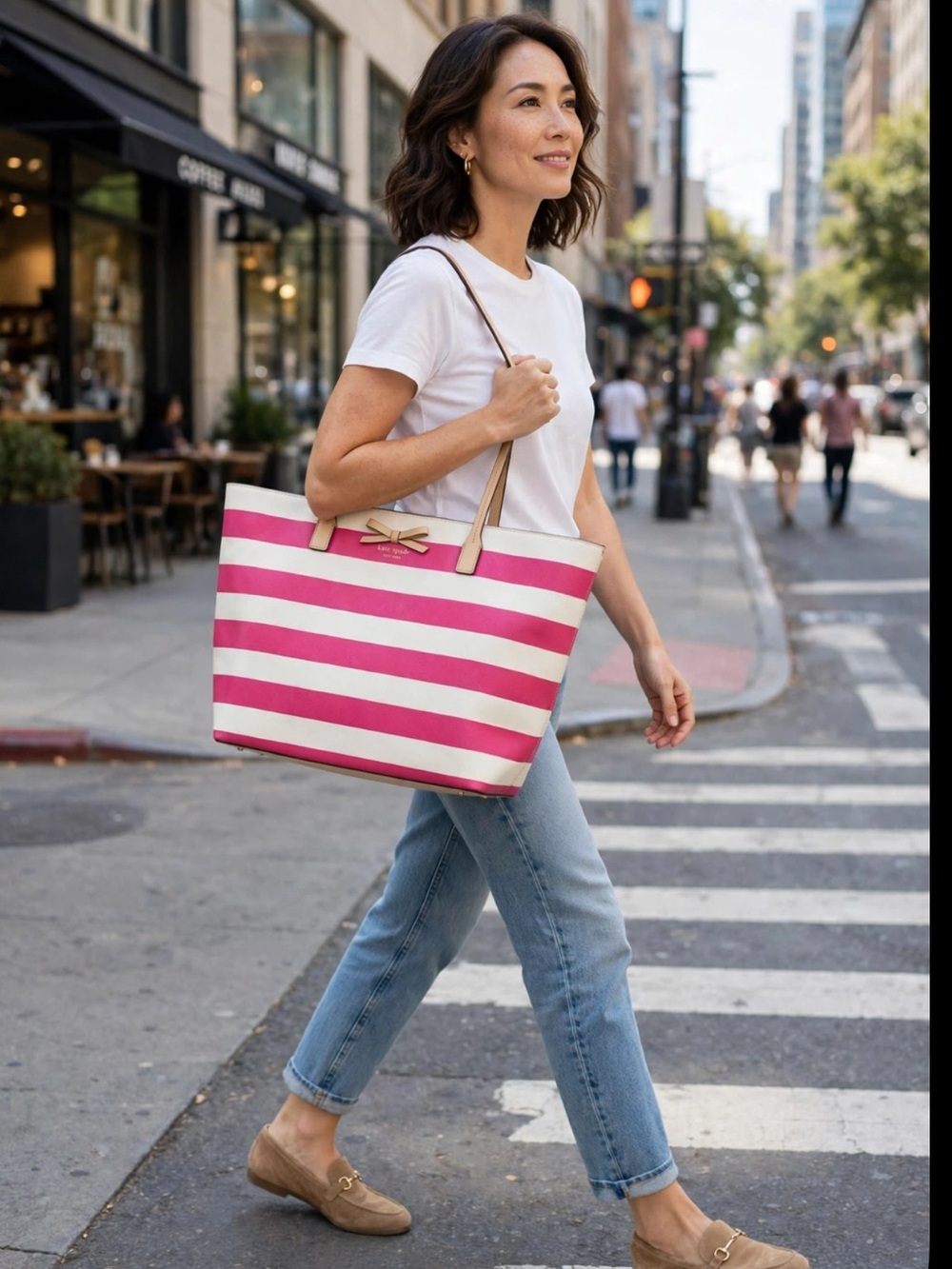 Kate Spade New York Tally Stripe Bow Tote Bag Pink White Large Shoulder Tote
